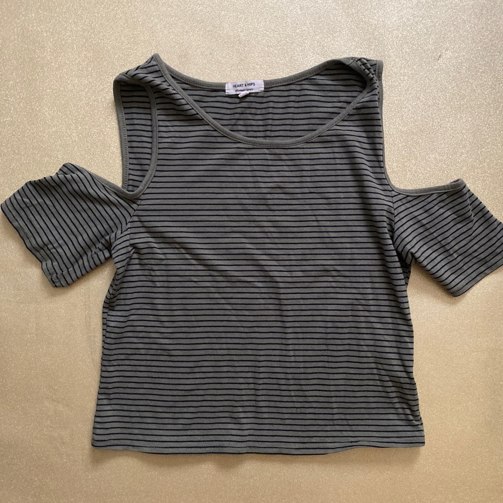 Olive Green Striped Open-Shoulder Crop Top